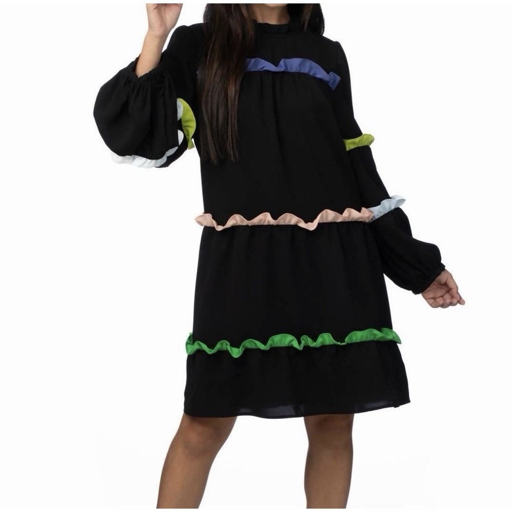 Crosby by Mollie Burch Izzy Puff Sleeve Mini Dress Black Multi Ruffle Large